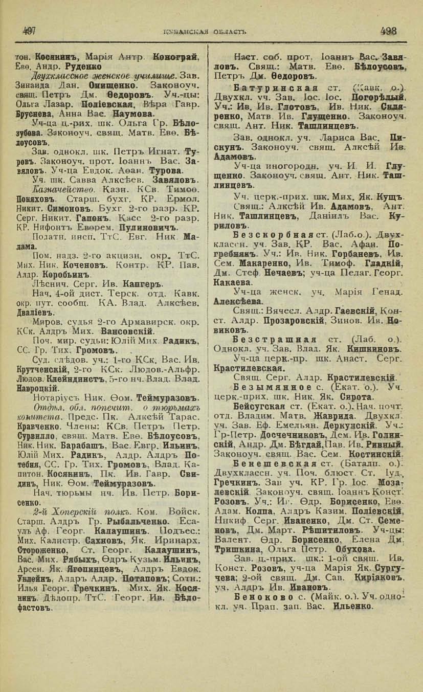 "Caucasian Calendar for 1910": 2nd Khoper Regiment — Esaul Afanasy and Podesaul Stepan Kalaushin