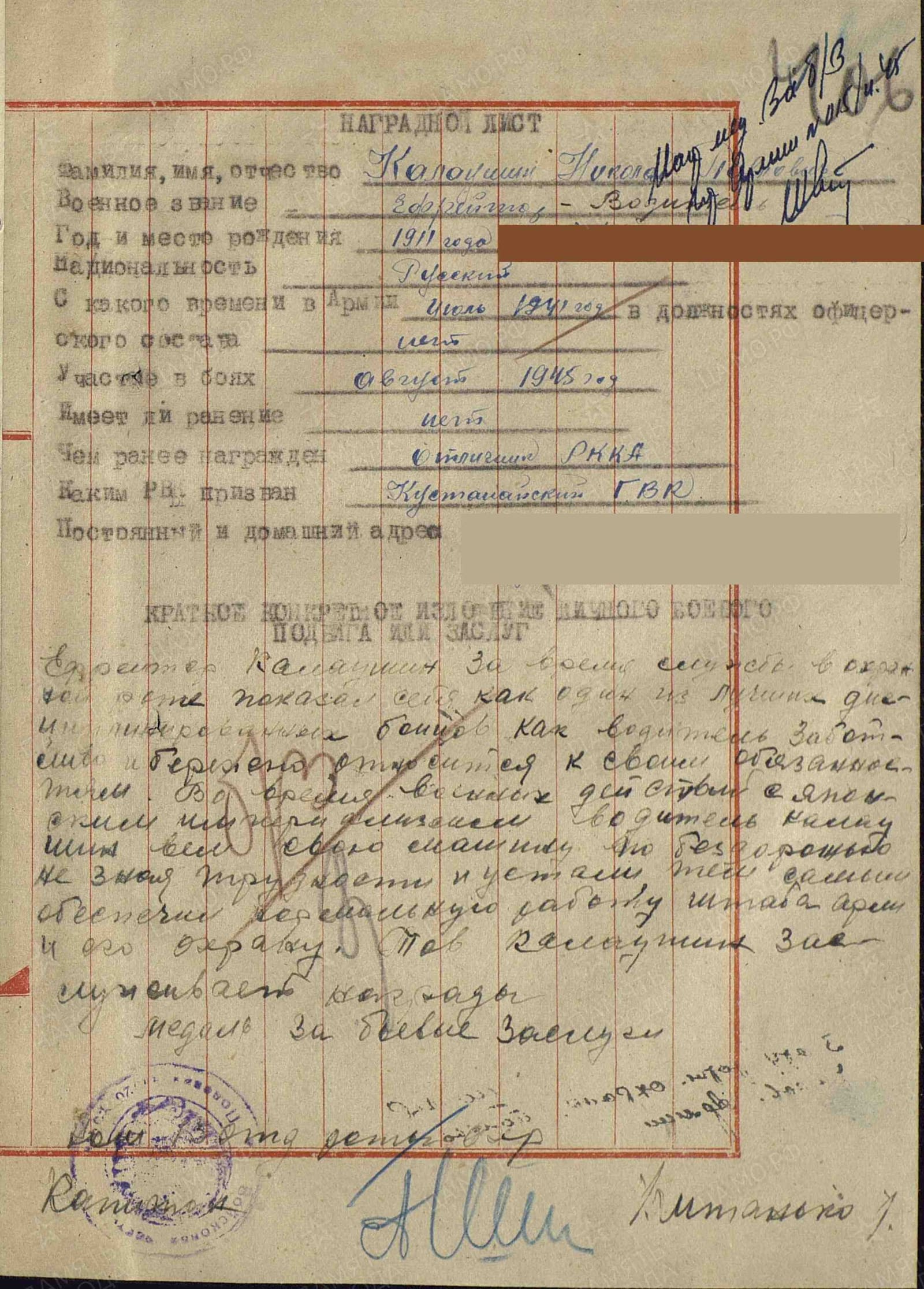 Award sheet of N.P. Kalaushin, 1945