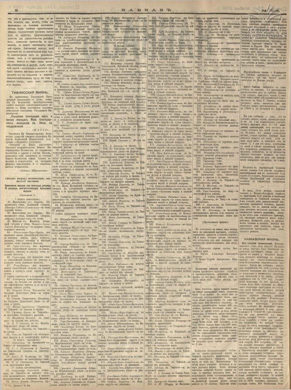 "Kavkaz" No. 305 (1889), p. 2: Caucasian Exhibition awards