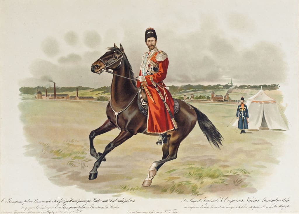 Nicholas II on horseback in the uniform of His Majesty's Own Convoy (chromolithograph)
