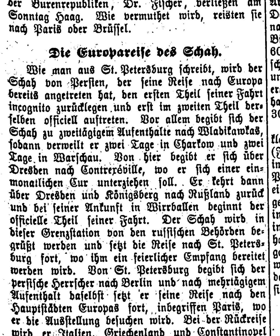 Itinerary of the Shah of Persia's European journey, April 1900 (Vorarlberger Volksblatt)