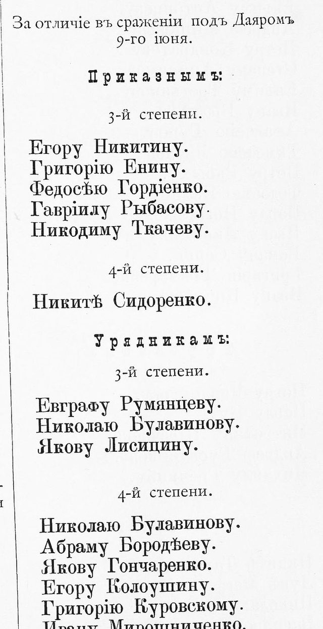 Толстов, «История Хопёрского полка», Прил. № 74, с. 231: за отличие в сражении под Даяром 9 июня 1877 г. — урядник Егор Колоушин