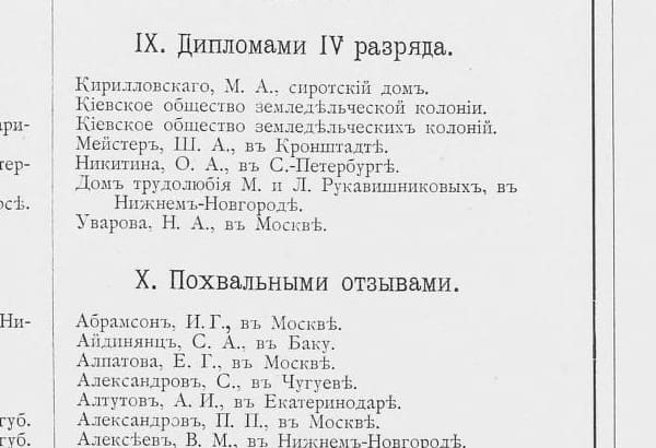 Заголовки «IX. Дипломами IV разряда» и «X. Похвальными отзывами» (Альбом 1896, с. 159)